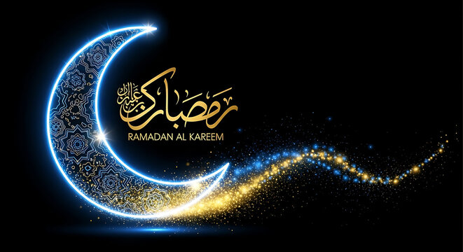 Ramadan al kareem glowing crescent moon with arabic calligraphy design