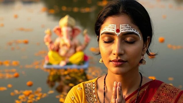 Hindu Woman Meditating with Ganesha Idol in Water During Festival.