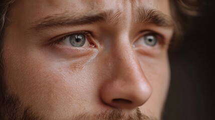Close up of a distressed man s eyes with tears showing deep sorrow and emotional pain with furrowed brow and intense gaze