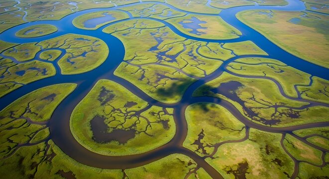 Aerial view of a winding river delta with green marshlands and blue water