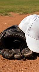 Close up of a vintage leather baseball glove and white cap on a dirt baseball field
