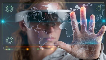 Futuristic AI generated video of a woman interacting with a holographic world map in augmented reality glasses, showcasing global connectivity and innovative technology. - Powered by Adobe