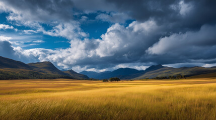 Experience the Untamed Beauty of Scottish Highlands with Rolling Hills, Dramatic Sky, and Golden Fields, Perfect for Travel, Nature, and Adventure Content