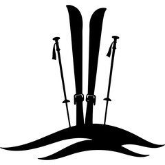 Ski poles and skis stuck in a snowdrift. Engraving minimalistic vector in black ink drawing on transparent background
