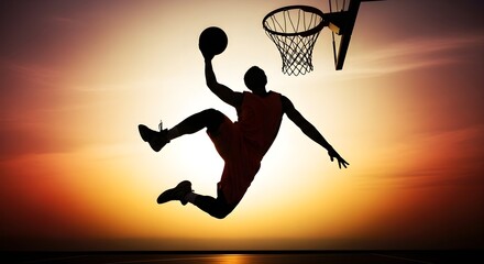 Silhouette of a basketball player mid air holding ball sunset sky backdrop