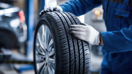 Obraz premium Professional Mechanic Inspects Tire Tread for Safety and Performance in Workshop Environment