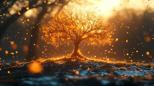 Enchanted Tree Glowing with Golden Lights and Falling Orbs image