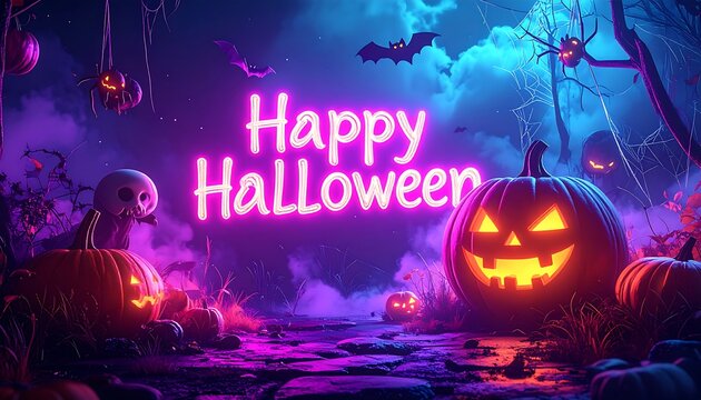 Glowing pumpkins, spooky spiders, bats and fog. Halloween scene