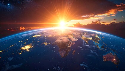 Obraz premium Spectacular sunrise over Earth, illuminating continents and creating a vibrant atmosphere.