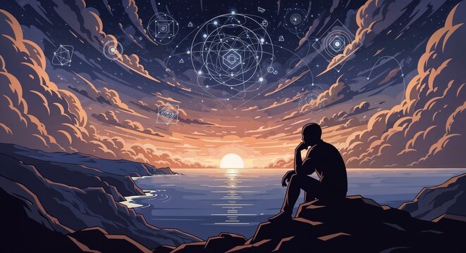 Contemplative silhouette sitting by ocean at sunset with sacred geometry and geometric symbols floating in dramatic sky, perfect for meditation, philosophy, and self-discovery themes.
