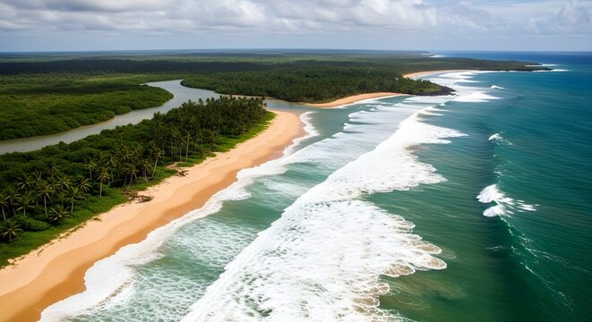 Aerial view of a tropical coastline with sandy beaches lush green forests and turquoise ocean waves - Powered by Adobe