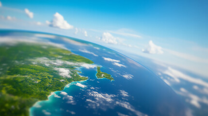 Aerial view of a lush green coastline extending into a sparkling blue ocean under a clear sky with fluffy clouds.