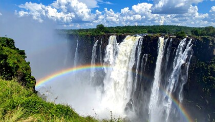 Fototapeta premium A breathtaking vista showcasing a massive waterfall cascading into a gorge, a vibrant rainbow arcs across the spray. Lush greenery frames the scene
