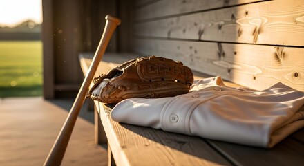 Baseball equipment rests on a wooden bench near a sunlit field bat glove and uniform