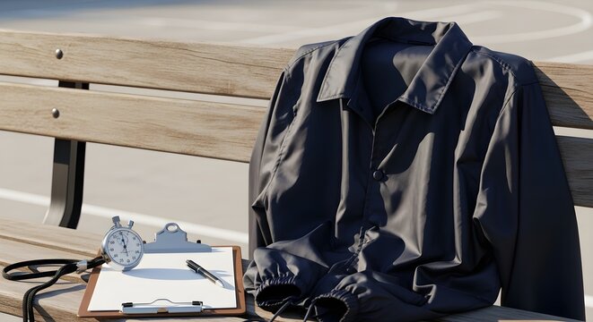 Dark jacket stopwatch clipboard and pen rest on a wooden bench on a sports court