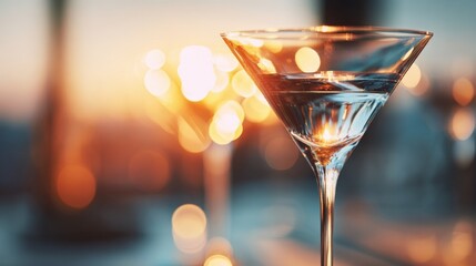 A glass of alcohol is sitting on a table with a blurry background. Concept of relaxation and enjoyment, as the glass of alcohol is a common drink associated with socializing and unwinding
