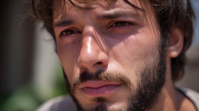 Close up portrait of a man s face illuminated by harsh sunlight showing an intense expression