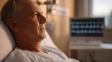 Elderly man rests in hospital bed looking pensive with medical monitor in background