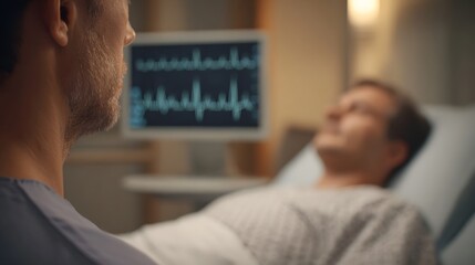Medical professional monitors patient s critical heart rhythm on ECG display in hospital