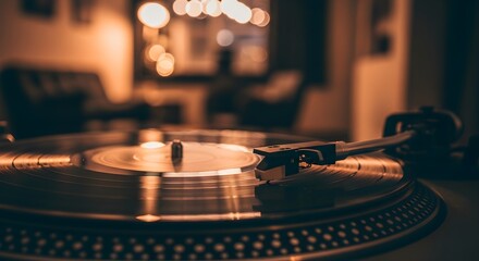 A vintage record player with a spinning vinyl disc and tonearm in a warm dimly lit room