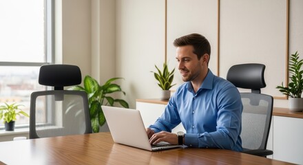 Caucasian male adult working on laptop in modern office with plants