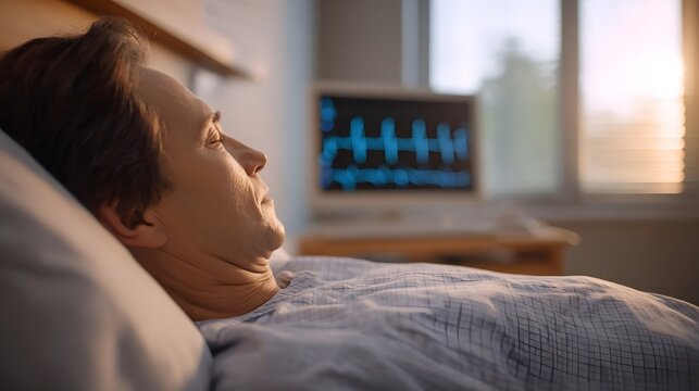 A man lies in a hospital bed his vital signs monitored by a cardiogram hine as morning light streams through the window