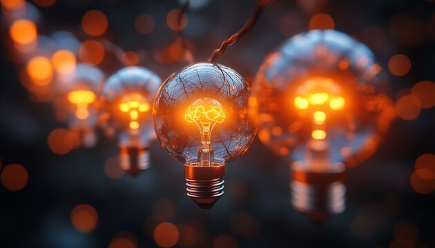 Glowing Incandescent Light Bulbs with Brain Filament in Dark Background image - Powered by Adobe