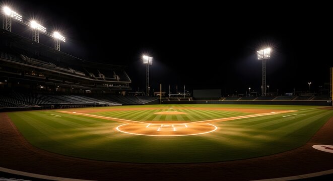Illuminated baseball stadium field at night with empty bleachers and bright stadium lights