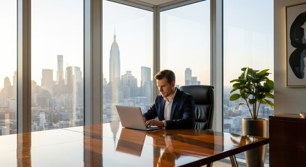Young caucasian male professional working on laptop in office with city skyline view
