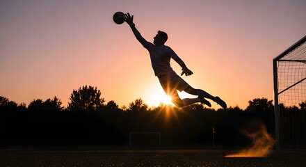 Silhouette of a soccer goalkeeper leaping to catch the ball against a sunset sky