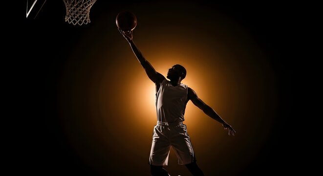 Silhouette of a Black male basketball player jumping to dunk a ball with dramatic lighting - Powered by Adobe