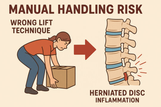 Painful manual handling risk from wrong lift technique causes herniated disc and inflammation. An anatomy visual shows spine pressure and need for workplace safety training