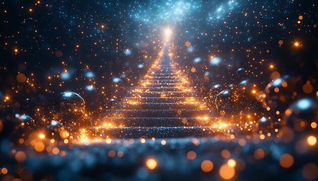 Glowing Stairway to Bright Light Surrounded by Sparkling Stars abstract background