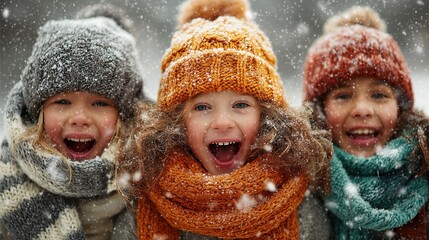 Joyful children smiling in winter attire with colorful knit hats and scarves in snowfall