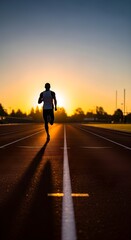 Fototapeta premium Silhouette of a male runner on a track during sunrise long shadow cast on the track
