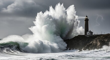Towering ocean waves crash against a rocky cliff with a lighthouse under a stormy sky