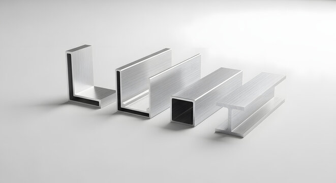 Selection of Aluminum Extrusion Profiles on White Background, Engineering Materials