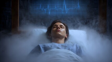 A woman lies in a bed surrounded by fog with a blue cardiogram waveform displayed above her