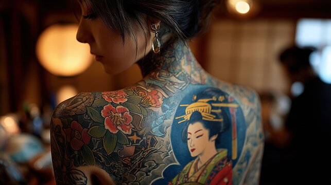 Elegant Woman with Traditional Japanese Tattoo Art Displayed on Her Back in Dimly Lit Room