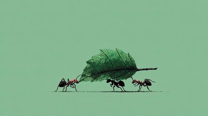 Silhouette of ant carrying leaf fragment, teamwork and diligence theme, minimal vector ideal for productivity and nature concepts.