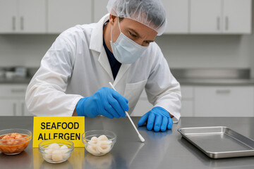 Focused quality control technician swabbing sterile surface for seafood allergen validation at lab workstation. This meticulous process ensures food safety and hygiene
