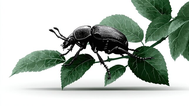 Silhouette of beetle crawling across leaf, realistic clean vector perfect for science, entomology, or nature education visuals.
