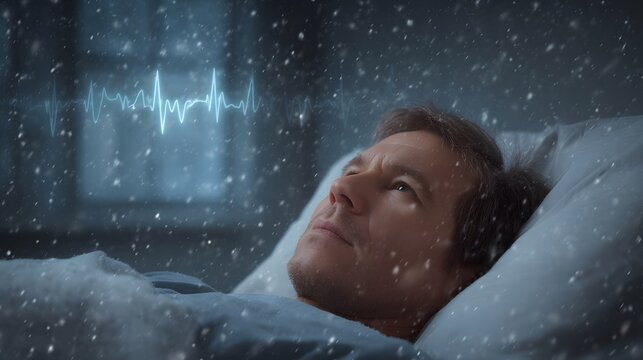 Man in bed at night with falling snow and superimposed heartbeat waveform