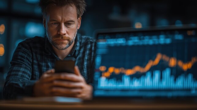 Focused Man Analyzing Stock Market Data on Smartphone While Working on Laptop in Office Environment