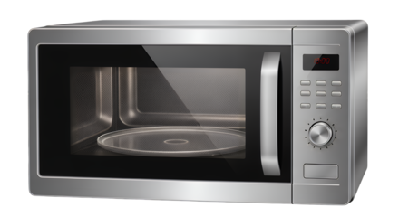 Sleek stainless steel microwave oven, a modern kitchen appliance designed for quick and convenient cooking, isolated on a clean transparent background