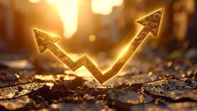 Golden zigzag arrow pointing upwards, symbolizing financial growth and economic success on a rugged ground