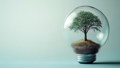 Green tree growing inside a clear glass light bulb on a light blue background nature