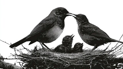 Silhouette of bird nest with chicks being fed, family and care theme, elegant vector ideal for parenting, love, or spring visuals.