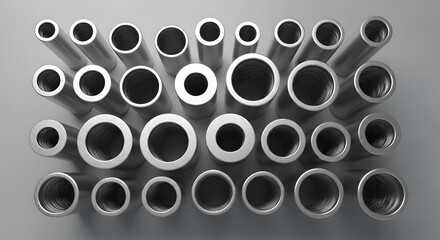 Metal Tubes in Varying Sizes Arranged on a Gray Surface, Industrial Abstract Pattern