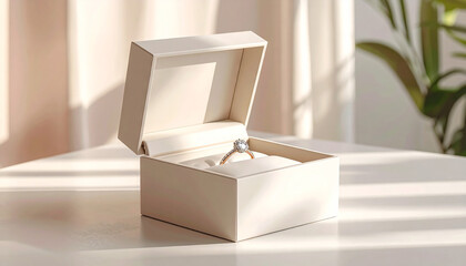 Stunning sapphire engagement ring in a white box placed on rugged dark gravel, symbolizing a bold, outdoor proposal or unique commitment
